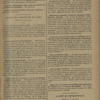1195 - Page 1191 - Sociétés savantes. Société de chirurgie. (Séance du 8 juillet 1931). Correction des thorax en entonnoir. M. Ombrédanne / Ulcères peptiques post-opératoires. M. Robert Monod / Société des chirurgiens de Paris. (Séance du 15 mai 1931). Sur la technique de la gastrectomie. M. Peugniez / Un cas d'associations dysmorphiques. MM. Dufourmentel et Massart, rapport sur un travail de M. Henri-Fischer... / Hémophilie et muscle d'oiseau. M. Millet, rapport sur un travail de M. F. Clément... / De l'association de la chirurgie et de la protéinothérapie spécifique des cancers. M. Rubens-Duval / Tumeur carcinoïde de l'appendice. M. Luquet / Luxation ancienne du coude en arrière compliquée de fracture du condyle externe. M. Judet / Appendicite herniaire aiguë. M. Bressot... / Double hernie inguinale. Torsion de l'épiploon à droite. Opération. Guérison. M. Juvara... / L'ouverture large du genou dans le traitement des lésions synoviales, capsulaires, ligamenteuses et méniscales. M. Raphaël Massart / Cancer primitif du vagin. M. Thévenard / Corps étranger articulaire. M. Judet / Chariot pour le transport des malades couchés dans leur lit. Fauteuil pour le transport des malades. M. Juvara... / Société de thérapeutique. (Séance du 10 juin 1931). Sur un cas de méningite ascaridienne. M. A. Challamel