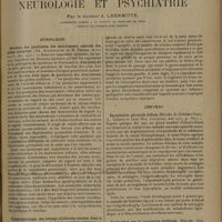 1301 - Page 1297 - Analyses et indications bibliographiques. Neurologie et psychiatrie ; par le Docteur J. Lhermitte... Sémiologie. Révision des paralysies des mouvements associés des globes oculaires. (Th. Alajouanine et R. Thurel. Revue neurol...) / Symptomatologie des lésions cérébrales situées dans le territoire de passage entre le lobule pariétal inférieur et la circonvolution occipitale moyenne (Syndrome : agnosie digitale, troubles de l'orientation droite-gauche, agraphie et acalculie). (Gerstmann. Nervenartz...) / Cerveau. Encéphalite périxiale diffuse (Maladie de Schilder-Foix). (L. Coenen et Léon Mir. Encéphale...) / Recherches sur la circulation cérébrale. (Keller. Naunyn-Schmiedebergs Arch...)