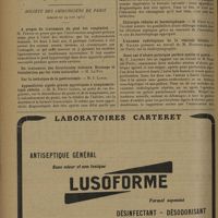 1360 - Page 1356 - Sociétés savantes. Société de biologie. (Séance du 18 juillet 1931). Technique du sac respiratoire de M. H. Janet et Mlle M. Bochet, pour l'étude du métabolisme des nourrissons. Contrôle de la méthode. Mlle M. Bochet / Société des chirurgiens de Paris. (Séance du 19 juin 1931). A propos du traitement du pied bot congénital. M. Treves / Appendicites aiguës graves apyrétiques à symptomatologie réduite. M. R. Petit / A propos de l'appendicite. M. Blanc / Chirurgie réduite et bactériophages. M. Petit de la Villéon / L'examen radiologique de la vésicule biliaire. M. Haller / Deux cas d'ulcère pylorique perforé opérés et guéris. M. P. Laurent