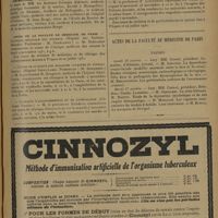 1601 - Page 1597 - Informations (Suite). Nécrologie / Cours de la Faculté de médecine de Paris. Clinique médicale des enfants. (Hôpital des Enfants-Malades. Professeur : M. Nobécourt) / Cours de clinique des maladies cutanées et syphilitiques. (Hôpital Saint-Louis, Professeur : M. Gougerot) / Clinique d'accouchements et de gynécologie. (Clinique Tarnier) / Clinique médicale propédeutique. (Fondation de la Ville de Paris) / Chaire d'hygiène et de clinique de la première enfance. (Hospice des Enfants-Assistés. Clinique Parrot) / Actes de la Faculté de médecine de Paris. Thèses