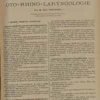 1621 - Page 1617 - Analyses et indications bibliographiques. Oto-rhino-laryngologie ; par M. Paul Truffert... I. Bouche. Pharynx. Oesophage. Les foyers amygdaliens, sources d'infections secondaires. (G. Worms et J.-L. Le Mee. Rapport au XLIIIe Congrès d'oto-rhino-laryngol...) / Etude bactériologique du parenchyme amygdalien après amygdalectomie. (Rebattu et Charachon... (Congrès d'oto-rhino-laryngol...) / Indications et techniques de l'amygdalectomie. (Jacques..., Molinié... Deuxième rapport au Congrès franç. d'oto-rhino-laryngol...)