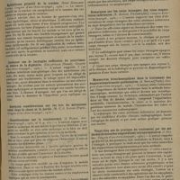 1633 - Page 1629 - Analyses et indications bibliographiques. Oto-rhino-laryngologie ; par M. Paul Truffert... IV. Larynx. Trachée. Bronches. Laryngectomie totale pour sarcome du larynx. (M. le Professeur van den Wildenberg. Congrès d'oto-rhino-laryngol...) / Epithélioma primitif de la trachée. (René Gaillard... Congrès d'oto-rhino-laryngol...) / Quelques cas de laryngite suffocante du nourrisson en dehors de la diphtérie. (Colleville... Congrès d'oto-rhino-laryngol...) / Considérations sur la trachéotomie. (J. Elbaz. Ann. d'oto-laryngol...) / Application de l'endoscopie au diagnostic et au traitement des maladies des poumons. (Chevakier-Jackson. Congrès d'oto-rhino-laryngol...) / Remarques sur les corps étrangers des voies respiratoires inférieures. (E. Aucoin... Congrès d'oto-rhino-laryngol...) / Manoeuvres bronchoscopiques dans le traitement des suppurations broncho-pulmonaires. (A. Soulas... Congrès d'oto-rhino-laryngol...) / Vingt-cinq ans de pratique du traitement par les méthodes directes des suppurations intrapulmonaires. (J. Guisez. Congrès d'oto-rhino-laryngol...)