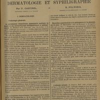 1757 - Page 1753 - Analyses et indications bibliographiques. Dermatologie et syphiligraphie ; par P. Gastinel... et R. Pulvenis... I. Dermatologie. Pathologie générale. La sarcomatose idiopathique pigmentaire multiple de Kaposi et ses interprétations histogénétiques et pathogéniques. (L. Hudelo et F. Cailliau, Ann. de dermat. et de syphil...) / La pathogénèse des xanthomes. Les rapports de la cholestérine, des phosphatides et de la teneur totale en graisse du sang avec la formation des xanthomes. (F. Schaaf et A. J. Werner. Arch. für Dermat. u. Syphil...) / Nouvelles contributions à la pathogénie et à la physiologie du zona. (G. Marinesco. Ann. de dermatol. et de syphil...) / L'allergie cutanée. (A. Desaux. Bull. méd...) / Le rôle du terrain en dermatologie. La réceptivité morbide. (A. Desaux. Progrès méd...)