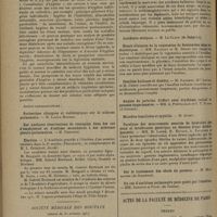 1826 - Page 1822 - Sociétés savantes. Académie de médecine. (Séance du 1er décembre 1931). Au sujet d'une consultation publique et gratuite d'hygiène. M. R. Dujarric de la Rivière / Election / Société médicale des hôpitaux. (Séance du 30 octobre 1931). Intoxication mortelle par un révélateur photographique. MM. Paul Halbron, André Bosquet et Jean Tiffeneau / Essais cliniques de la vagotonine de Santenoise chez les diabétiques. MM. Rathery et M. Derot / Insuline huileuse et diabète. M. Rathery, Mlle Levina et M. Derot / Paralysie des mouvements associés de latéralité des yeux et intolérance gastrique au décours d'une dothiénenterie. MM. M. Labbé, R. Boulin, A. Escalier et Uhry / Actes de la Faculté de médecine de Paris. Thèses