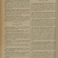 1106 - Page 1096 - Sociétés savantes. Société de chirurgie. (Séance du 12 juin 1935). Pneumectomie totale pour cancer. M. Lambret... / Invagination de la muqueuse gastrique dans une anastomose gastro-jejunale. M. Tierny... / Résection de la clavicule, premier temps de la thoracectomie postérieure haute. MM. J. Fiolle..., Carcassonne, Figarella et Lecca / Péritonite biliaire sans perforation visible. MM. Solcard et Pervès / (Séance du 26 juin 1935). Pancréatite oedémateuse. M. Cunéo / Péritonite biliaire sans perforation visible. M. Mondor / Infarctus intestinal sans lésion vasculaire. M. Moulonguet / Thoracoplastie. M. Maurer / Service de santé pendant le combat de mer. M. Oudard / Chirurgie viscérale sous rayons X. M. Heitz-Boyer / Sténose pylorique par calcul biliaire. M. Fruchaud... / Kystes pelviens rétropéritonéaux. M. Okinczyc, travail de M. Pinsau... / Société de biologie. (Séance du 1er juin 1935). Technique d'études des variations de température au cours de la stérilisation à l'autoclave. MM. A. Gosset, P. Hauduroy et P. Rouché / Etat bactériologique des objets de pansement avant stérilisation. MM. A. Gosset, P. Hauduroy et P. Rouché / Teneur en azote résiduel des sérums au cours des tuberculoses expérimentales. M. F. Pezzangora / Les corpuscules oxyphiles cornéens en rapport avec les diverses souches de virus rabique des rues. MM. C. Levaditi et R. Schoen / Action de l'éphédrine et de son association avec la spartéine sur l'inversion des effets hypertenseurs et vasoconstricteurs de l'adrénaline par l'yohimbine. MM. R. Hazard et L. Wurmser / Cycle évolutif du tréponema pallidum. MM. C. Levaditi, R. Schoen et A. Vaisman / pH du contenu duodénal en l'absence de suc pancréatique. M. Georges Loewy