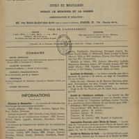 0091 - Page 85 - Sommaire / Informations. Hôpitaux de Montpellier / Médaille d'honneur des épidémies / Académie de chirurgie / Société de l'assistance médicale / Association française pour l'étude du cancer / Société de médecine de Paris
