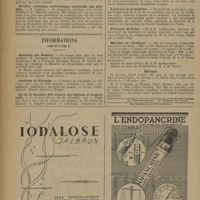 0018 - Page 14 - Sociétés savantes. Société médicale des hôpitaux. Séance du 28 novembre 1941. Sur une forme polyurique des troubles liés à l'insuffisance et au déséquilibre alimentaire. MM. Decourt, Cassin et Bastin / Les ulcères de jambe dans la maladie hémolytique familiale. M. Loederich / Troubles cardiaques neurotoniques consécutifs aux phlébites. M. Lenègre / Informations. (Suite de la page 2). Académie des sciences / Académie de chirurgie / Loi du 21 décembre 1941 relative aux hôpitaux et Hospices civils / L'exercice de la médecine / Préfecture de police / Ministère de l'intérieur / Mariages