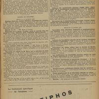 0015 - Page 13 - Sociétés savantes. Société médicale des hôpitaux. Séance du 20 novembre 1942. Formes actuelles de la tuberculose des séreuses chez l'adulte. MM. Bariéty, Lejard, Barrabe / Un cas de maladie de Kussmaul-Maier (périartérite noueuse). M. Bourdin / Société de pédiatrie. Séance du 17 novembre 1942. Nanisme rénal avec énorme dilatation congénitale des uretères. MM. Paisseau, Boppe et Marcel / Régression de la parole. Troubles variés et syncope chez une fillette de 3 ans. Guérison après traitement psycho-éducatif. M. Launay et Mme Borel-Maisonny / L'état sanitaire actuel des enfants. MM. Huber et Rouèche / Discussion du rapport de M. Hurez sur le salicylate de soude chez l'enfant. M. Grenet / Société de biologie. Séance du 10 octobre 1942. Influence du jeûne et de la réalimentation sur le taux de l'alexine sanguine. MM. F. Maignon et G. Thiery / Influence de l'ingestion de trypsine active (pancréatine) sur le taux de l'alexine sanguine, chez le cobaye. MM. F. Maignon et G. Thiery / Influence des anesthésiques généraux volatils (éther, chloroforme) sur la sensibilisation anaphylactique et le choc anaphylactique du lapin. MM. Pasteur Vallery-Radot, G. Mauric et Mme A. Holtzer / Recherches sur le chimiotactisme leucocytaire. Pouvoir chimiotactique des nucléoprotéides bactériens. MM. A. Delaunay et R. Vendrely / Séance du 24 octobre 1942. Association entre ultravirus, louping-ill et lymphogranulomatose inguinale. M. C. Levaditi / Influence de l'insufflation pleurale sur les réactions vasculaires du poumon à l'adrénaline. MM. J. Troisier, M. Bariéty et Mlle D. Kohler / Polyvalence des lipides utilisés dans la réaction de Bordet-Wassermann. M. P. Cordier / Alcoolisme expérimental et polynévrite chronique. M. Raoul-Lecoq / Dégénérescences cérébelleuses latentes chez les cancéreux. M. Ivan Bertrand et Mme J. Godet-Guillain / Forme ganglionnaire de la tuberculose atténuée du cobaye. M. R. Laporte / Election. M. Quinquaud