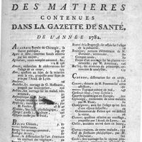 0215 - Page sans numérotation - Table des Matières contenues dans la Gazette de Santé de l'année 1782