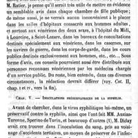 0054 - Page 54 - Hygiène publique. Mémoire sur les mesures hygiéniques propres à prévenir la propagation des maladies vénériennes. Par M. Lagneau. Première catégorie comprenant les mesures relatives aux vénériens de l'un et de l'autre sexe en général. Chap IV. Conseils à publier sur les maladies vénériennes. Chap V. Inoculations préservatrices de la syphilis