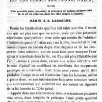 0414 - Page 414 - Observations nouvelles sur les caractères physiques et chimiques que présentent les vins rouges additionnés d'alun suivies d'un procédé pour constater la présence de faibles proportions de ce sel en solution dans les vins rouges et blancs. Par M. J.-L. Lassaigne