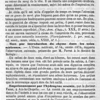 0218 - Page 218 - Revue des travaux français et étrangers. Par le Dr O. du Mesnil. Médecine légale. Mort par suffocation, suite d'inspiration de masse chymeuse / Mort par Introduction du chyme dans les voies aériennes / Empoisonnement par l'hydrogène arsénié