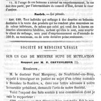 0325 - Page 327 - Médecine légale. Dispositions pénales en vigueur en Suisse contre la falsification des substances alimentaires et médicamenteuses.  / Société de médecine légale. Sur un cas de meurtre suivi de mutilation. Rapport de M. E. Cruveilhier