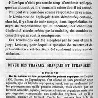 0186 - Page 186 - Société de médecine légale. Meurtre commis par un épileptique, responsabilité atténuée. Communication de M. le Dr Motet / Revue des travaux français et étrangers. Hygiène. De la nature et des propriétés du poison septique