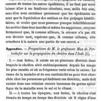 0431 - Page 431 - Hygiène publique. De l'étiologie tellurique du choléra d'après les travaux du professeur Max de Pettenkofer (de Munich). Par M. le Dr E. Decaisne. Appendice. Proposition de M. le Professeur Max de Pettenkofer sur la propagation du choléra dans l'Inde