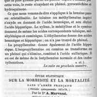 0432 - Page 432 - Des accidents produits par la benzine et la nitrobenzine. Par le Dr E. Neumann et Alb. Pabst. Benzine. Etude statistique sur la morbidité et la mortalité dans l'armée française (période quinquennale 1875-79). Par le Dr A. Marvaud. Deuxième partie. Répartition de la morbidité et de la mortalité suivant les corps d'armée, les armes, les grades, les saisons, les mois, etc. ;