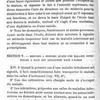 0410 - Page 408 - Prescriptions pour la prévention des maladies épidémiques et contagieuses dans les écoles en Angleterre. Section IV. Précautions générales contre l'Introduction et le développement de la maladie. Section V. Mesures à prendre quand une maladie infectieuse a fait son apparition dans l'école