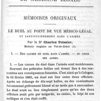 0005 - Page sans numérotation - Mémoires originaux. Le duel au point de vue médico-légal et particulièrement dans l'armée. Par le Dr Charles Teissier. I. Des causes du duel dans l'armée. Du choix des armes