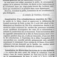 0112 - Page 112 - Chronique. Le choléra d'Espagne : mesures prises à la frontière française.  Construction d'un columbarium au cimetière de l'Est. Installation de filtre dans les écoles de la ville de Paris