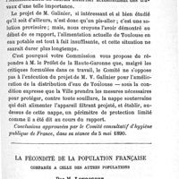 0401 - Page 403 - Mémoires originaux. Alimentation en eau de la ville de Toulouse (Haute-Garonne). Par M. Paul Brouardel et M. J. Ogier. Résultat des analyses faites sur les divers échantillons d'eaux prélevés. La fécondité de la population française comparée à celle des autres populations. Par M. Levasseur