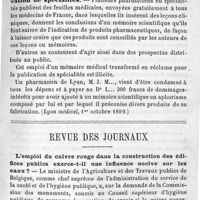 0093 - Page 93 - Revue des intérêts professionnels. Certificat de mort et secret professionnel. Emploi illicite d'un mémoire médical pour la publication de spécialités / Revue des journaux. L'emploi du cuivre rouge dans la construction des édifices publics exerce-t-il une influence nocive sur les eaux ?