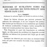 0024 - Page 24 - Le procès du gaz pauvre. Par le Dr Etienne Ginestous.  Bibliographie / Blessures et mutilations par les cadavres des noyés pendant leur séjour dans l'eau. Par L. Thoinot