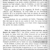 0180 - Page 180 - Revue des journaux.  Accidents du travail. Cécité par projection accidentelle d'engrais chimiques dans les yeux.  Rôle de l'oxyde de carbone dans l'intoxication par la fumée de tabac