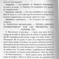 0198 - Page 198 - Les effets du tétryl sur l'organisme humain. Adapté de l'anglais du Dr Lucy Cripps par L. Bargeron.  I. Infection primaire. Ouvrières manipulant directement le tétryl.  II. Infection secondaire. Tétryl apporté indirectement par les vêtements, les papiers, etc