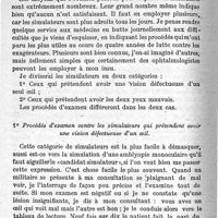 0116 - Page 116 - Variétés. Recherches de l'acuité visuelle des simulateurs. Par M. Charles Roche.  1° Procédés d'examen contre les simulateurs qui prétendent avoir une vision défectueuse d'un oeil