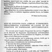 0185 - Page 185 - Variétés. Congrès international de médecine et de pharmacie militaires. Signé par Dr Jean Des Cilleuls  Avis de concours pour l'emploi d'inspecteur départemental d'hygiène de l'Aude et de directeur de dispensaire antituberculeux
