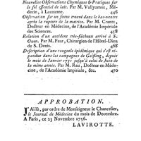 0480 - Page 480 - Table générale des matières. Contenues dans les six derniers mois de 1756. / Approbation