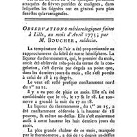 0091 - Page 91 - Mémoires et observations. Médecine. Maladies qui ont régné à Paris pendant le mois de Mai 1775. / Histoire naturelle. Observations météorologiques, faites à Lille par M. Boucher, médecin, pendant le mois d'Avril 1775