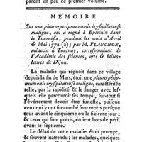 0024 - Page 24 - Extraits. Bibliothèque littéraire, historique & critique de la Médecine ancienne & moderne ; par M. Carrere, Méd. / Mémoires. Médecine. Mémoire sur une pleuro-péripneumonie érysipélateuse maligne ; par M. Planchon, Méd
