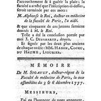 0136 - Page 136 - Mémoires et dissertations. Anatomie & Chirurgie. Récit de ce qui s'est passé à la faculté de méd. de Paris, au sujet de la section de la symphyse des os pubis. / Mémoire de M. Sigault, méd. de Paris, sur la section de la symphyse des os pubis