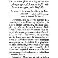 0423 - Page 423 - Mémoires et dissertations. Anatomie & Chirurgie. Observation sur un coeur situé au-dessous du diaphragme ; par M. Ramel, fils, méd