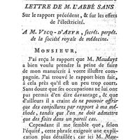 0501 - Page 501 - Mémoires et dissertations. Hist. naturelle, Pharmacie & Chymie. Extrait des registres de la société royale de médecine, concernant l'électricité. / Lettre de M. l'abbé Sans, sur l'extrait des registres de la société royale de médecine, concernant l'électricité