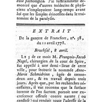 0523 - Page 523 - Mémoires et dissertations. Hist. naturelle, Pharmacie & Chymie. Réponse de M. Mauduyt à la lettre de M. l'abbé Sans. / Anatomie & Chirurgie. Extrait de la gazette de Francfort, sur un accouchement terminé par la section de la symphyse des os pubis