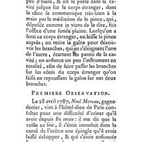 0080 - Page 79 - Description d'une pince à gaine propre à retirer les corps étrangers du canal de l'urètre ou d'autres cavités profondes et étroites ; avec des observations relatives à ce sujet. Par M. Gavard de Montmeillant. Première observation