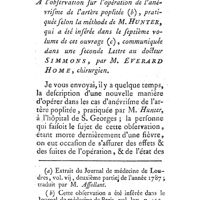 0418 - Page 417 - Supplément à l'observation sur l'opération de l'anévrisme de l'artère poplitée, pratiquée selon la méthode de M. Hunter. Par M. Everard