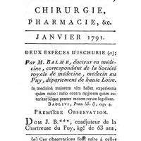 0025 - Page 1 - Janvier 1791. Deux espèces d'ischurie. Par M. Balme