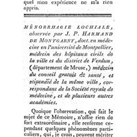 0079 - Page 55 - Epidémie qui régna à Londres parmi les femmes en couche, en 1787 et 1788, observée par M. Jean Clarke. Ménorrhagie lochiale observée par J.P. Harmand de Montgarny