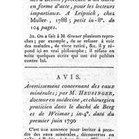 0514 - Page 489 - Nouvelles littéraires. Histoire littéraire. Lettre de M. Chret Godefroi Gruner à M. Muller. Avis. Avertissement concernant des eaux minérales. Par M. Heusinger