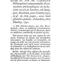 0195 - Page 195 - Nouvelles littéraires. Suite et fin de l'article Transactions philosophiques de la Société Royale de Londres. XV. Chermes lacca. Par GU Roxburgh. XVIII. Abrégé d'un registre du baromètre, thermomètre et de la pluie, à Lyndon en Rutland. Par Th Barker