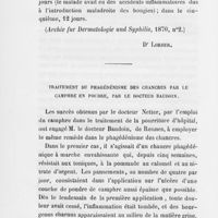 0071 - Page 72 - Revue des journaux. Traitement de la blennorrhagie par Des bougies composées de tannin et de glycérine par Dr Lorber (Archiv für Dermatologie und Syphilis, 1870) / Traitement du phagédénisme des chancres par le camphre en poudre, par le docteur Baudoin (Gazette des Hôpitaux, 16 septembre 1871)