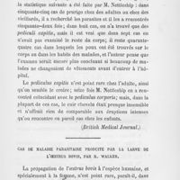 0146 - Page 143 - Revue des journaux par Dr H. Coutagne. Notes sur la présence des parasites dans le prurigo senilis, par Edward Nettleship (British Medical Journal) / Cas de maladie parasitaire produite par la larve de l'oestrus bovis, par R. Walker (British Medical Journal)