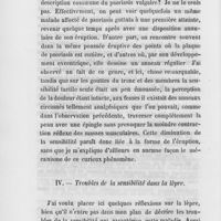 0032 - Page 32 - Recherches sur les altérations de la sensibilité dans les affections de la peau, par le Dr H. Rendu (suite et à suivre au prochain numéro). (suite). E. — Troubles de la sensibilité dans le psoriasis / Troubles de la sensibilité dans la lèpre