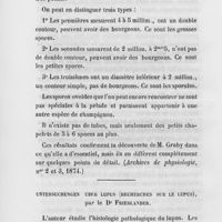 0076 - Page 76 - Revue des journaux. Note sur le champignon de la pelade, par Malassez (Archives de physiologie, 1874) / Untersuchungen uber lupus (Recherches sur le lupus), par le Dr . Friedlander (Arch. F. Pathol. Anat. U. physiol. , et Revue des Sciences médicales, 1874)