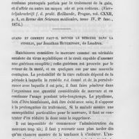 0079 - Page 79 - Revue des journaux. Beitrag zur statistik und behandlung der scabies (Contribution à l'étude statistique et au traitement de la gale), par le Prof. Wilh. Petters (Vierteljahrschrift f. D. Prakt. Heilkunde, Prague, et revue des sciences médicales, 1874) / Quand et comment faut-il donner le mercure dans la syphilis, Jonathan Hutchinson, de Londres (The Lancet, janvier 1874)