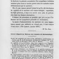 0080 - Page 80 - Revue des journaux. Quand et comment faut-il donner le mercure dans la syphilis, Jonathan Hutchinson, de Londres (The Lancet, janvier 1874) / Livres déposés au bureau des annales de dermatologie