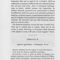 0172 - Page 172 - Mémoire sur les affections syphilitiques précoces des centres nerveux, par Charles Mauriac, médecin à l'hôpital du Midi (à suivre). Observation I. Syphilose diffuse du cerveau / Observation II. Aphasie syphilitique et hémiplégie droite